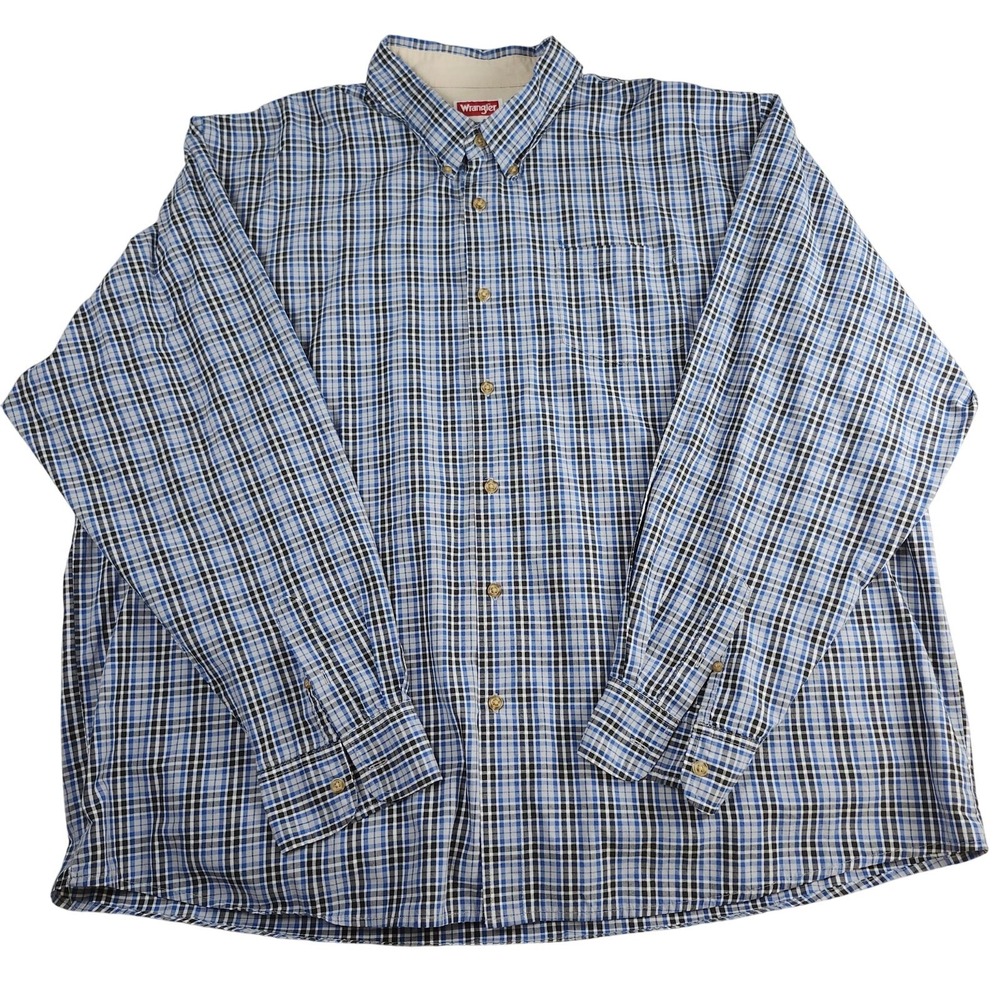 Wrangler Plaid Button Down Shirt Blue Black Wrinkle Resist 3XL Casual, Workwear